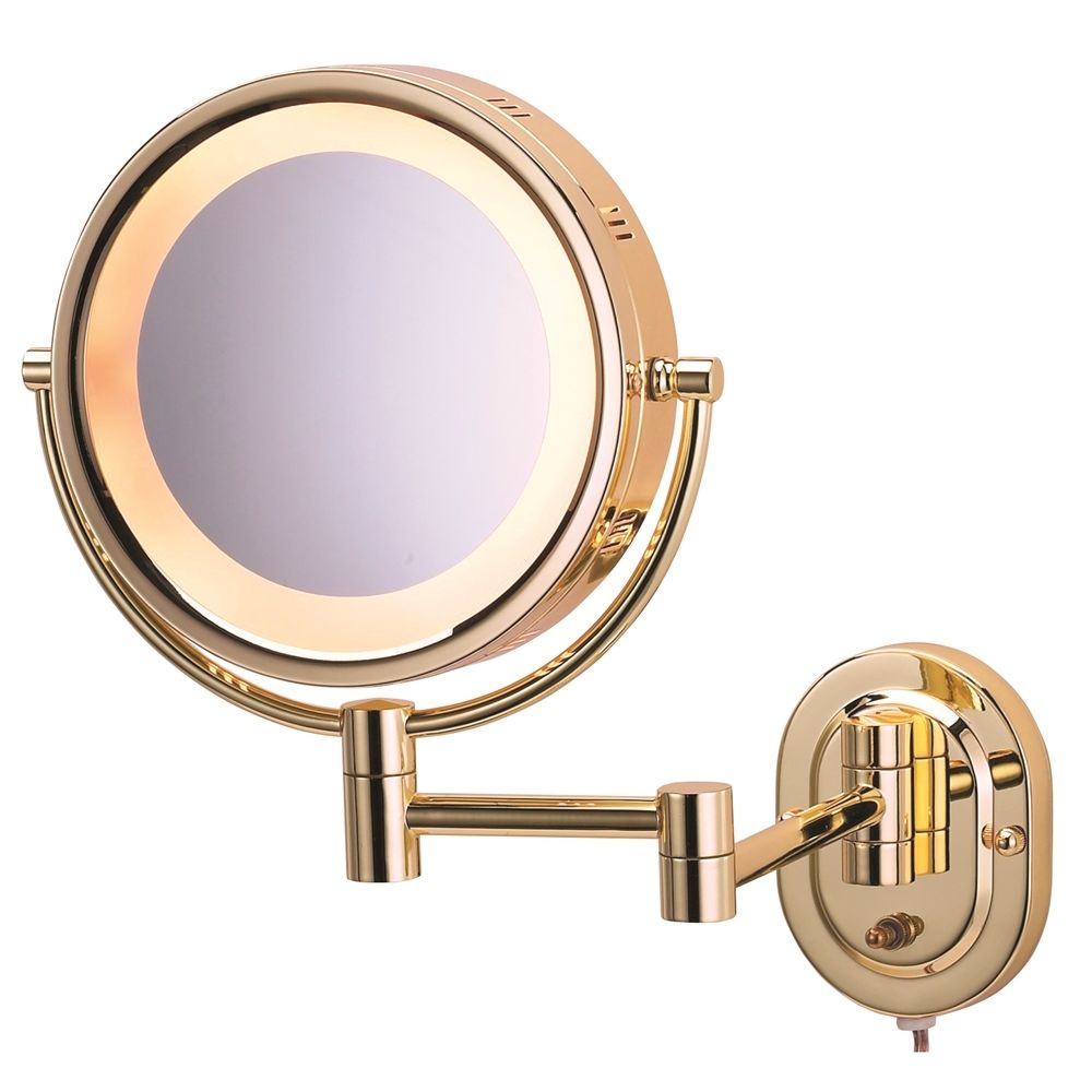 Jerdon® Halo Light® Wall Mount Mirror, Regular/5x Magnification, 8" Diameter, 14" Ext, Brass